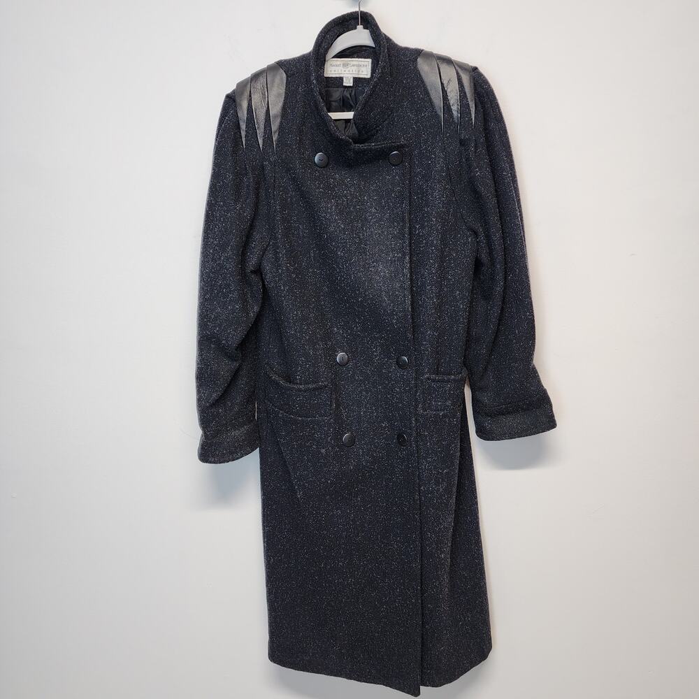 Maggie Lawrence Womens Trench Coat Size 7/8 Dark Gray Leather Shoulders Wool Vtg